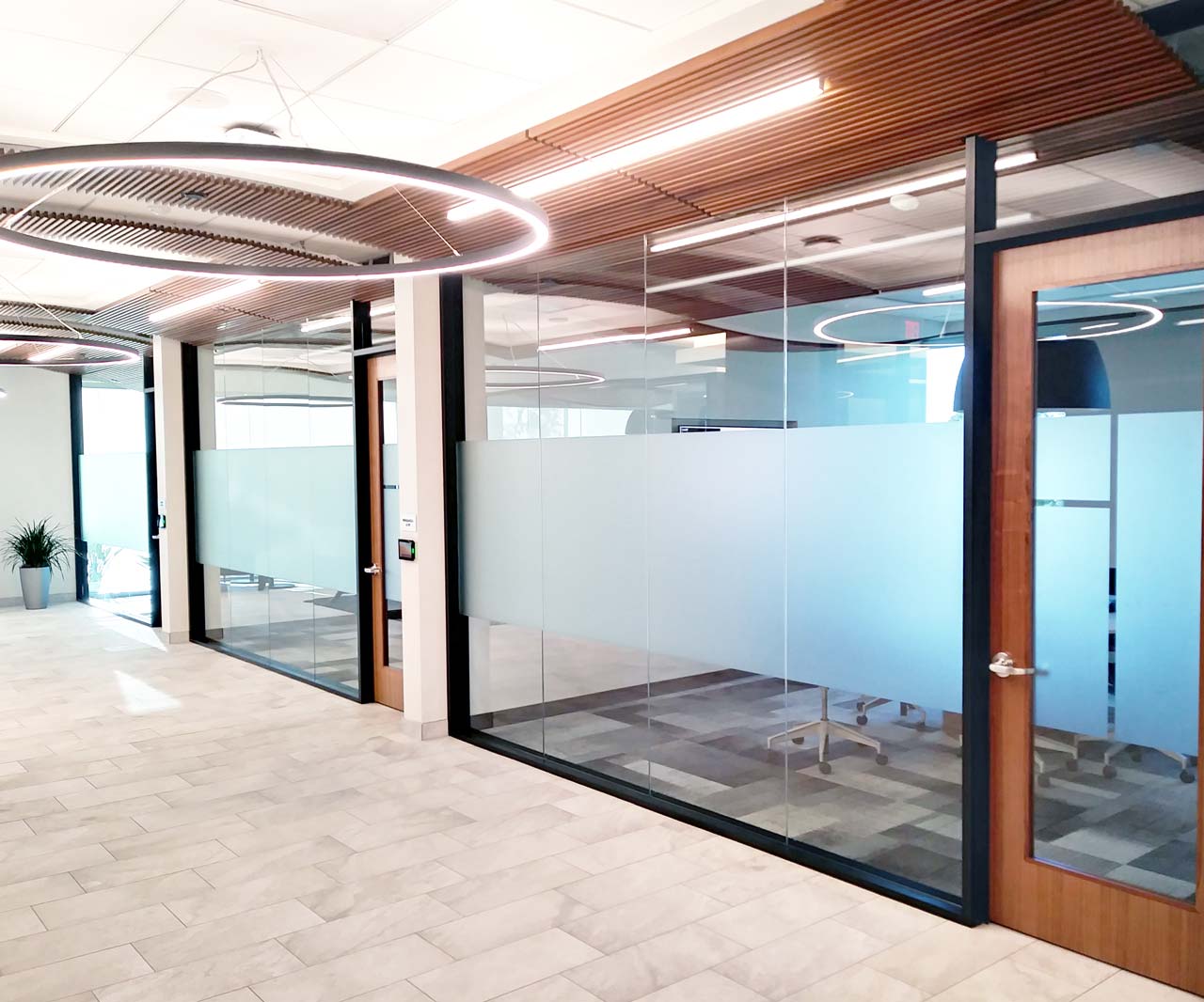 Frosted privacy film on glass office partitions with gradient banding